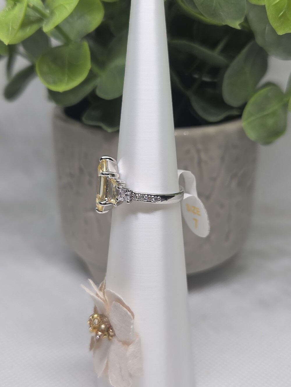 BP Lemon Emerald-Cut Ring with Side Accent Stones On Rhodium Plating - Picture 2 of 2